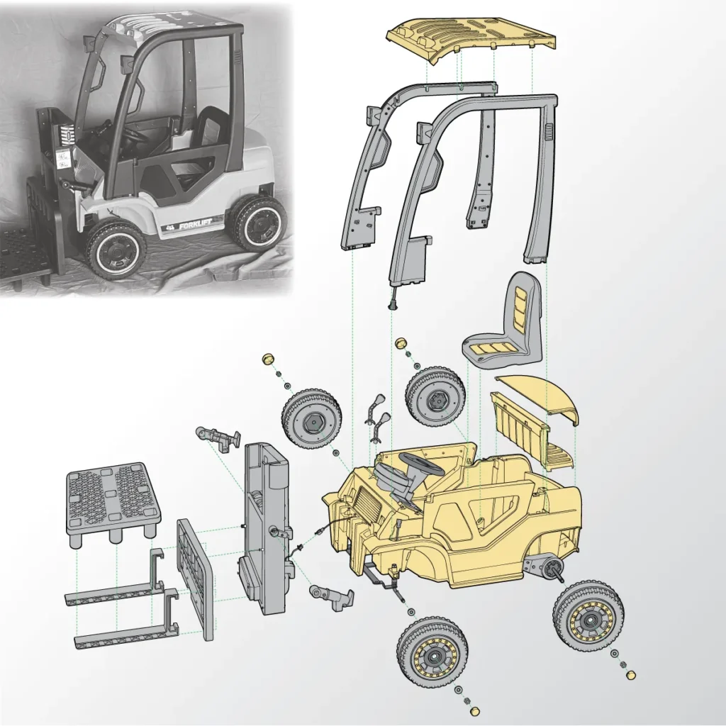 Reference photograph of a forklift-style ride-on toy beside an exploded technical illustration showing its frame, wheels, seat, roof, and other assembly components.