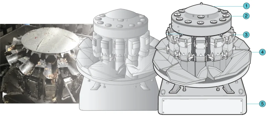 Industrial processing equipment shown as an original photograph, a shaded technical illustration, and a detailed line illustration with numbered component callouts.